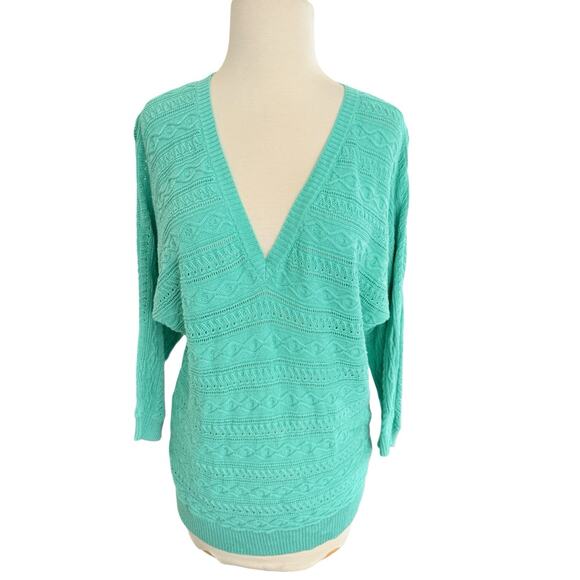 Size Large Lauren Ralph Lauren Teal Deep V Neck Sweater 3/4 Sleeve Beautiful - Picture 1 of 7